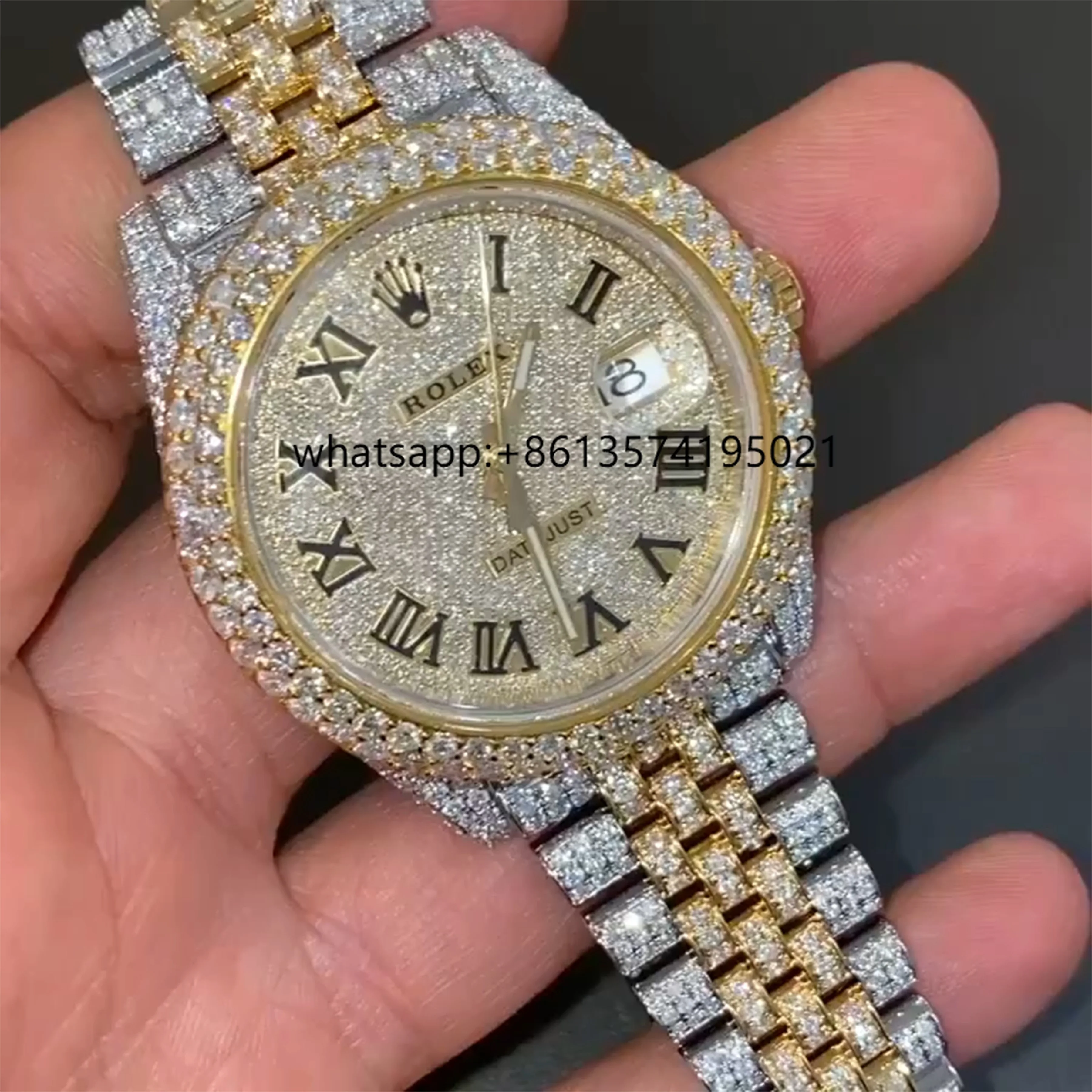 

Two Tone 42mm Fully Iced out Hip Hop Hand Made Moissanite Diamond Mechanical Watch