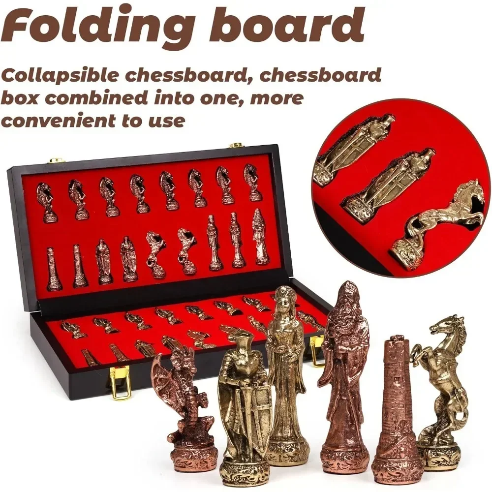 Metal Chess Set Wooden with metal Chess Pieces Travel Chess Set with Metal chessmen Family Vintage Board Game