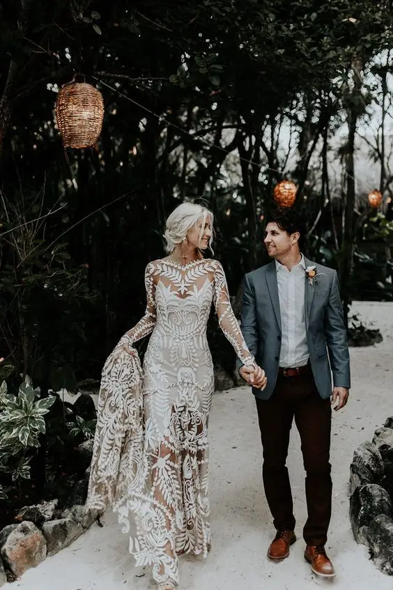Boho Lace Mermaid Wedding Dresses With Long Sleeves Open Back Beach Bridal Gown Champagne Ivory Country Vestido Customized