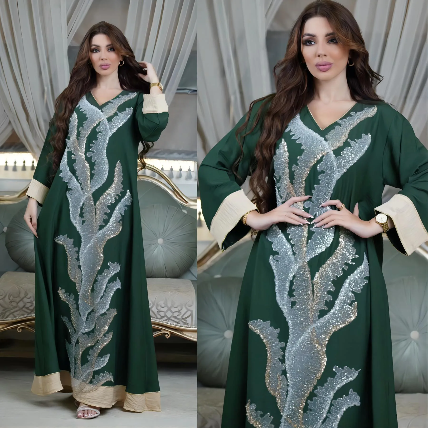 3813 Gulbang Arab Dubai Embroidered Mesh Sparkling Gold Thread Splicing Dress