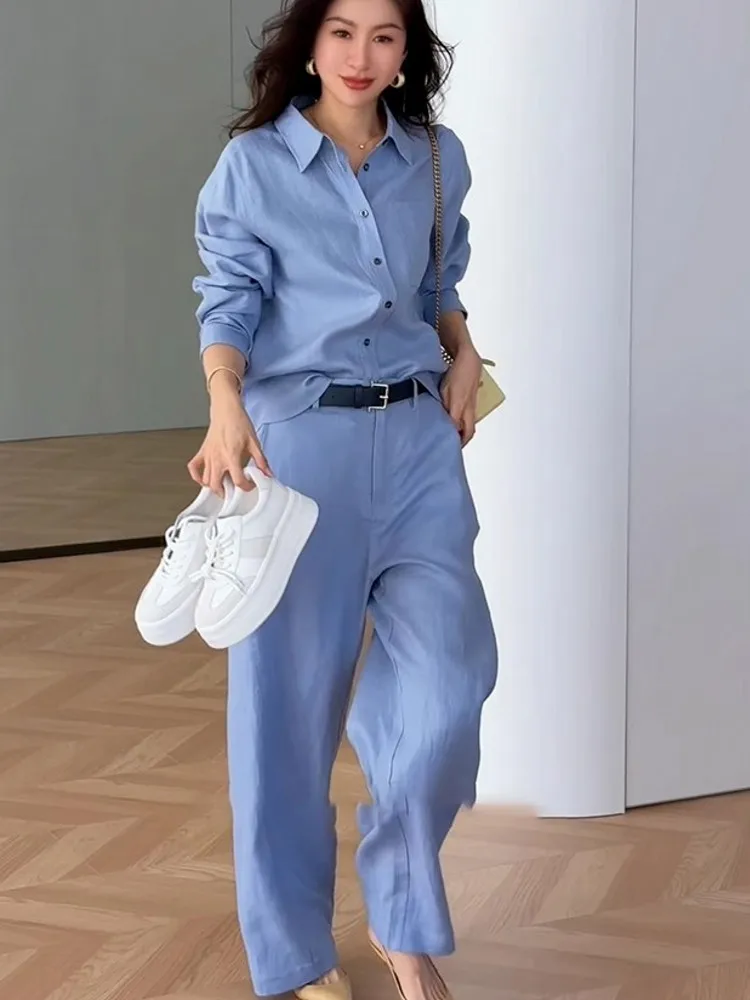 Summer Women Long Sleeve Shirt Wide Leg Pants Two Piece Set Office Lady Cotton Linen Work Outfits Comfortable Matching Suit Sets