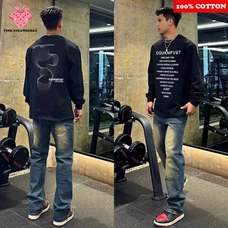 

100% Cotton Black O-Neck Long sleeves T-shirt Men Autumn 2025 New American Letter Print T-shirt Sports Gym Y2k Top Man clothing