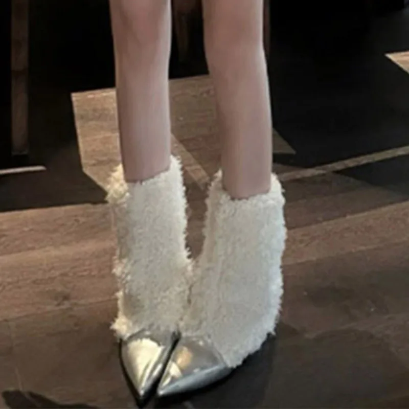 

Дизайнерские женские ботинки с острым носком Туфли на плоской подошве Зимние теплые зимние ботинки на меху 2026 Новая пикантная обувь для вечеринок Прогулочная повседневная обувь Mujer Botas