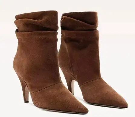 

Autumn Ladies Brown Solid Suede Pointed Toe Pleated High Heel Ankle Boots Women Fashon Concise Slim Modern Short Boots Shoes