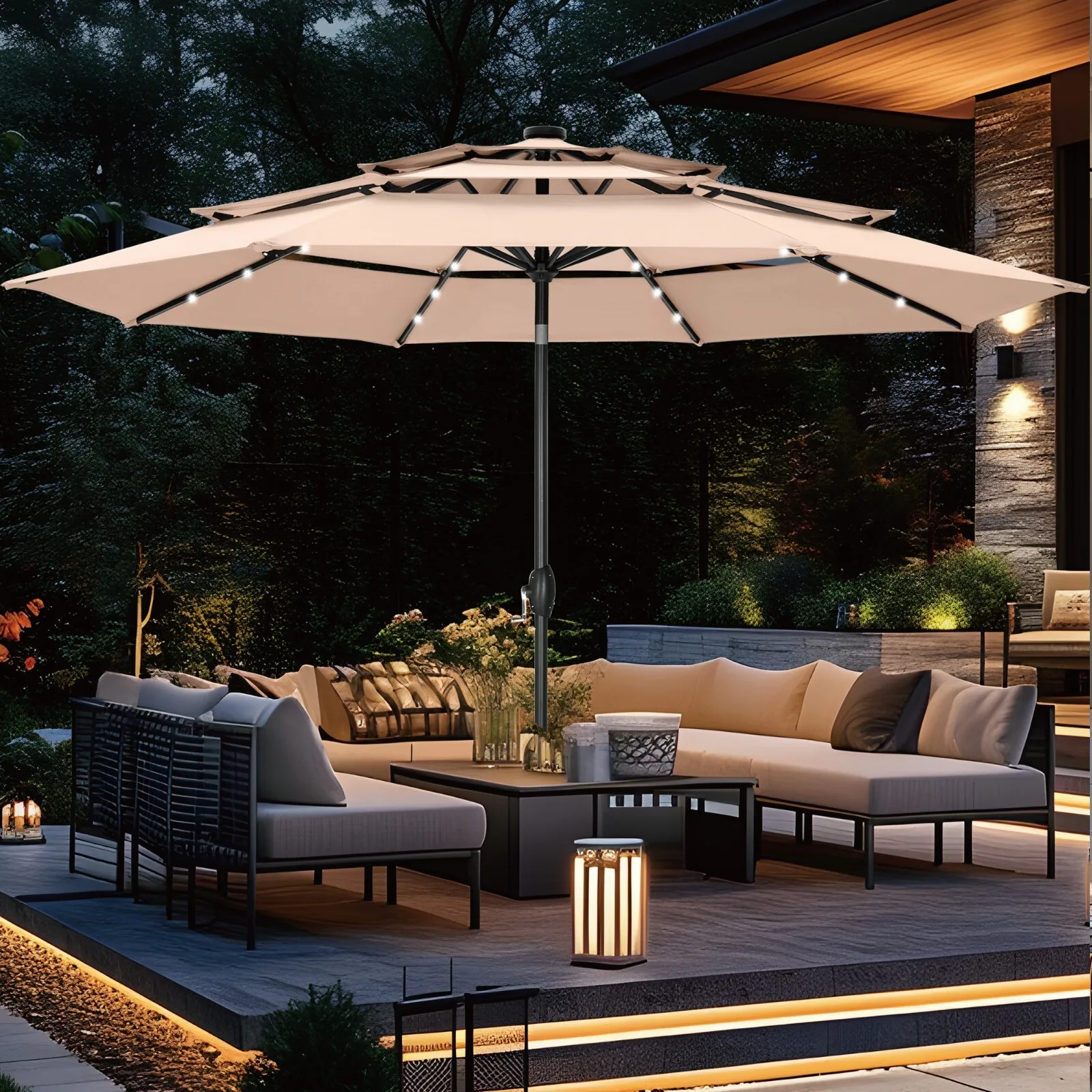 

10FT 3 Tier Patio Umbrella LED Lights Solar Market Umbrella w/Tilt Crank Outdoor