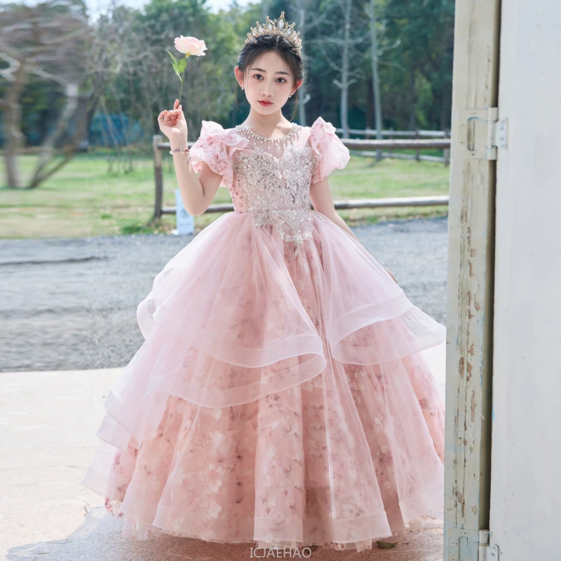 

Flower Pink Girls Tutu Princess Dress Birthday Party Costume Wedding Girl Children Dresses Pageant Gown Piano Performance Outfit