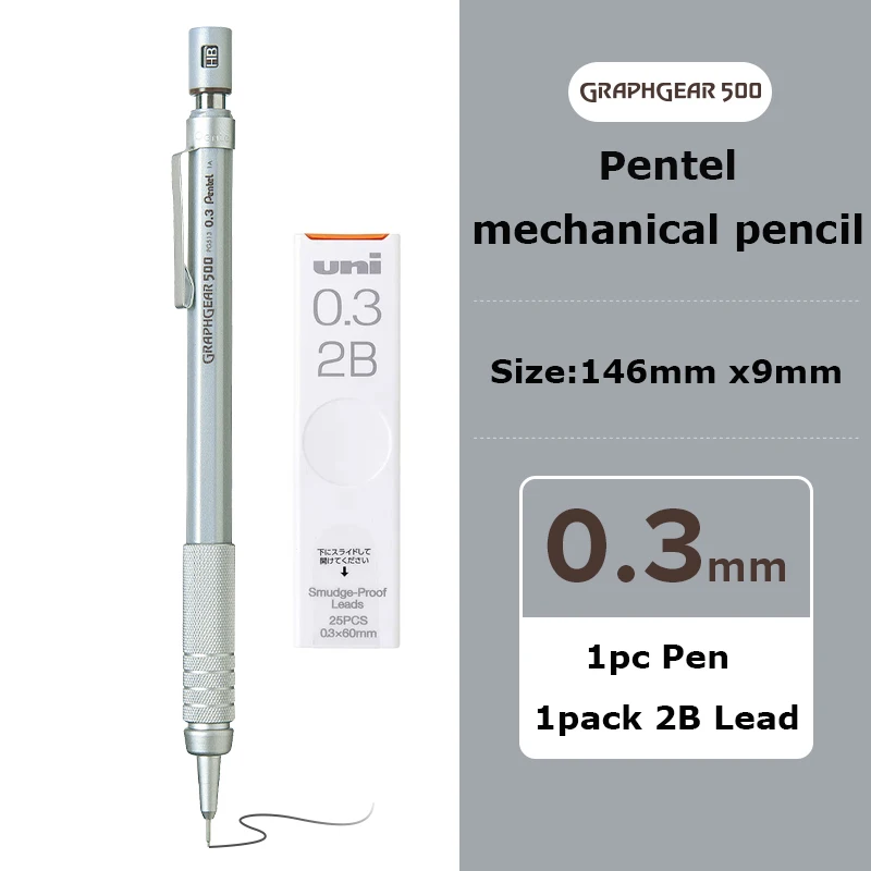 Pentel Graphgear 500 Drafting Druckbleistift Japan Briefpapier 0,3/0,5/0,7/0,9 mm Zeichnung Automatischer Bleistift Eingebauter Radiergummi
