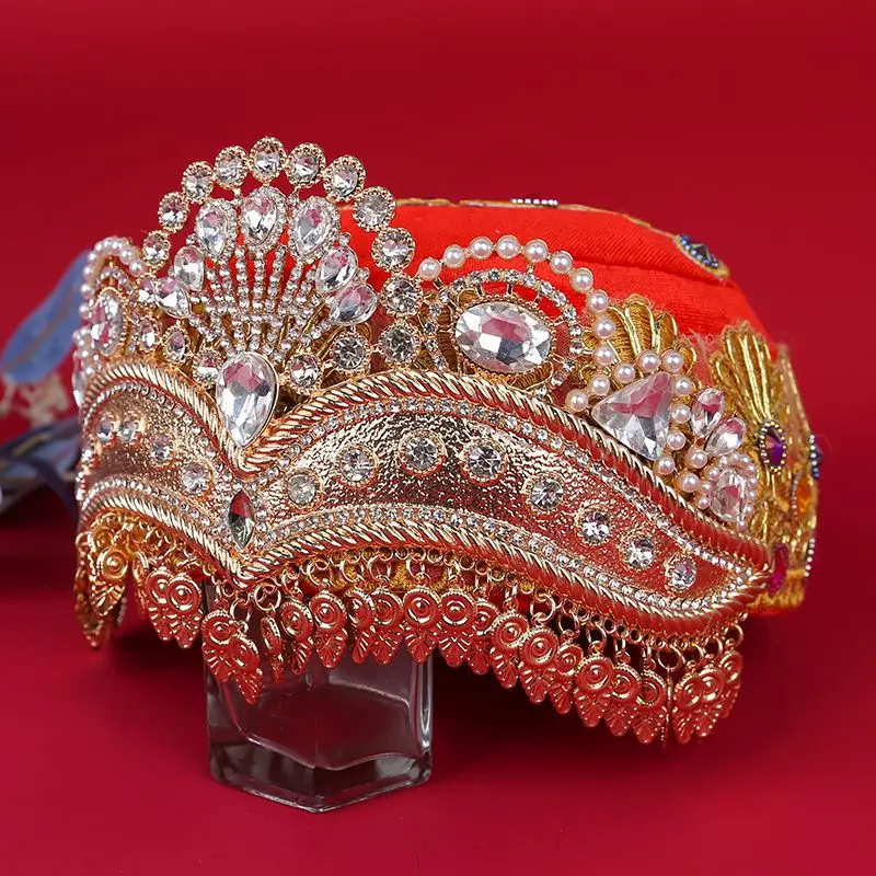 Xinjiang Dance Crown Handmade with Diamond Hat and Ethnic Style Square Dancer Adult Performance Costume Stage Costume