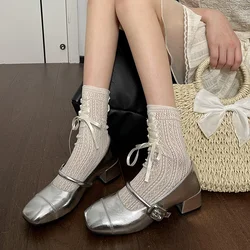 Designer Women Mary Jane Shoes Fashion Eelgant Shallow Buckle Ladies Thick Heel Shoes Comfort Dress Silvery Pumps