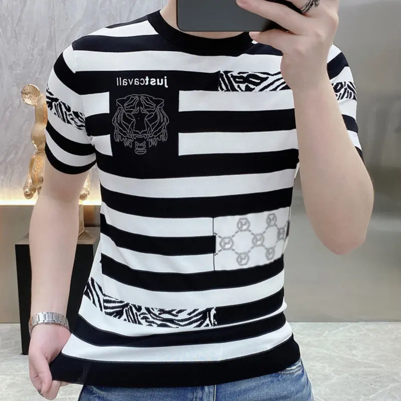 2023 Summer New European Tiger Head Print Round Neck Ice Silk Knitted Short Sleeve European Station Men\'s Casual Stripe Top