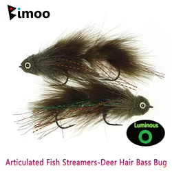 Bimoo 2pcs Deer Hair Articulated Fish Streamers Bass Bug Lumo 3D Fish Eyes Big Game Fish Bait Pike Bass Trout Sea Fishing Lures