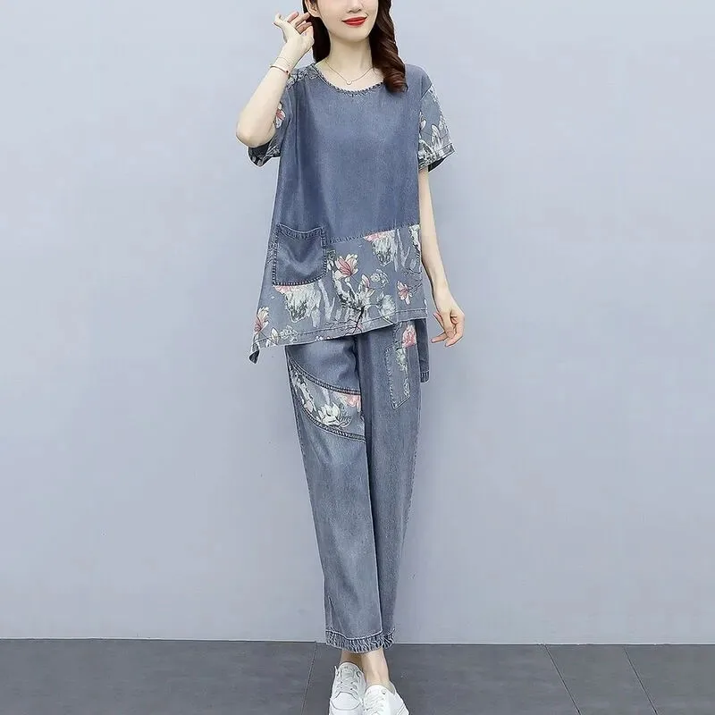 

New Women's Casual Denim Suit Summer Pullover Short-Sleeved Top Nine-point Pants Denim Two-Piece Female Loose Print Sports Sets