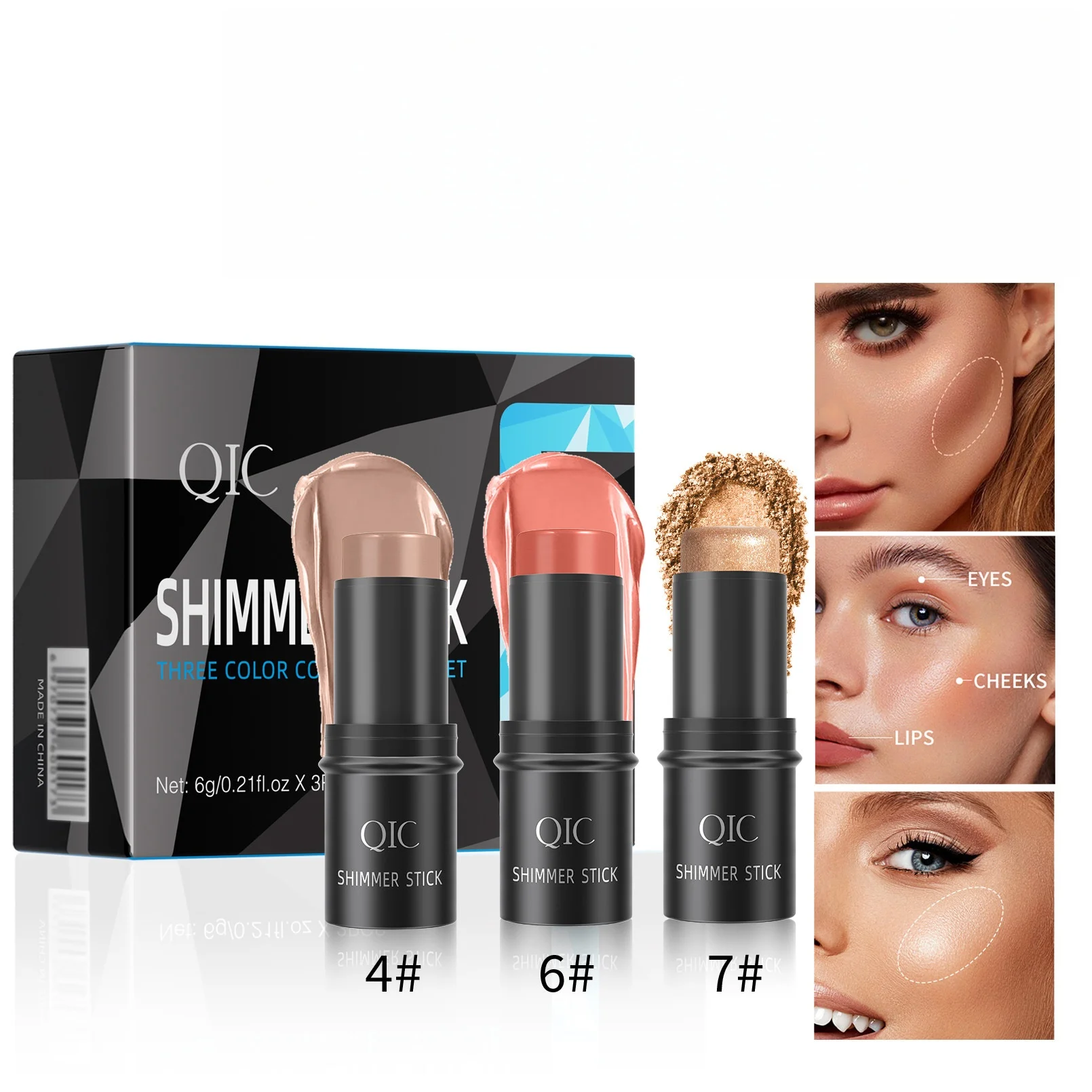 Qic Three-Color Multi-Functional Contouring Stick Set, Simple Ins-Style Design, Compact and Portable, Includes Three Colors in One Package: Shadow + Highlighter + Blush, with a Smooth Texture That's Easy to Apply, Doesn'T Stick to the Skin, Is Waterproof and Long-Lasting, Can Outline Contours and Brighten Complexion, Suitable for All Skin Types