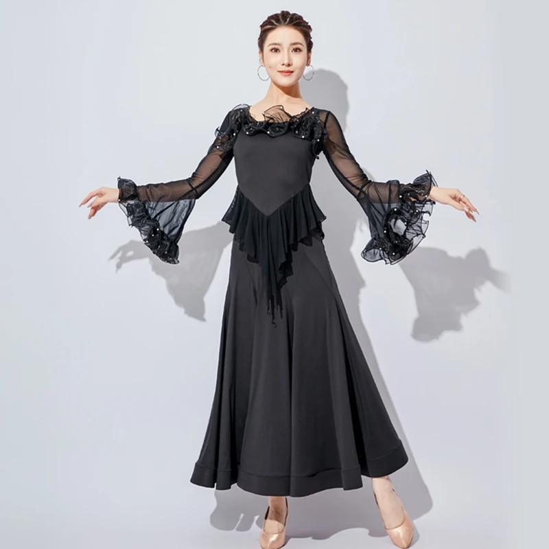 

Black Standard Dance Long Dresses Women Flare Sleeve Ballroom Modern Dance Dress Waltz Stage Performance Wear Ball Gowns VDL3323