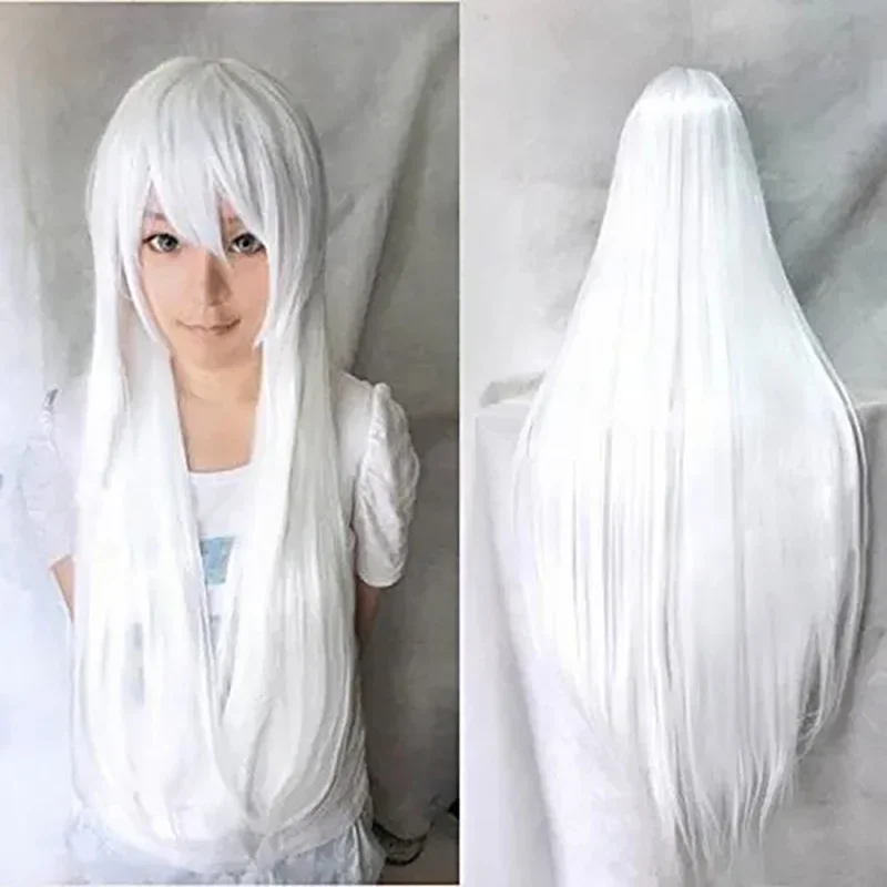 

80cm Lnuyasha kurama HakuToshi moka akashiya Long Straight Vocaloid Silver White Synthetic Cosplay Wig With Bangs Halloween