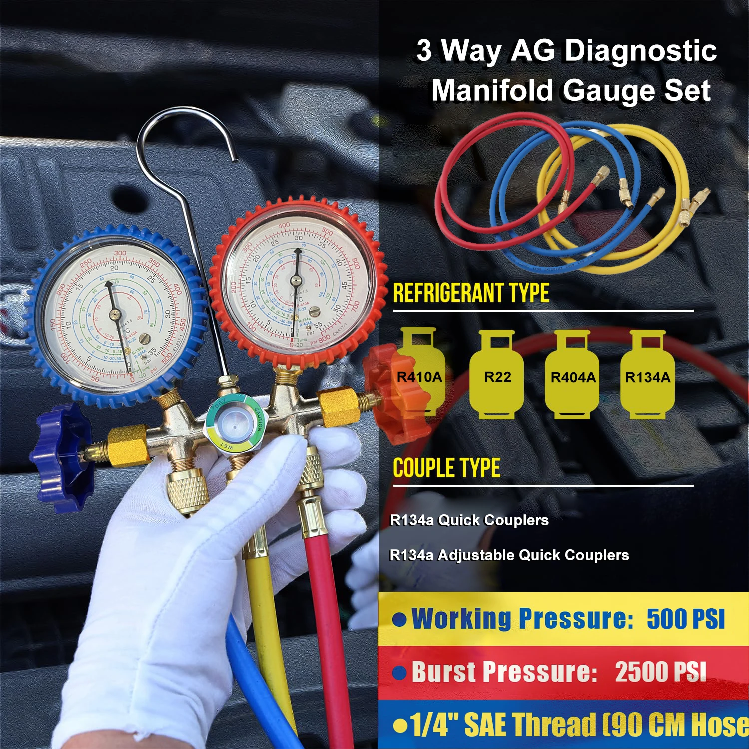 Manifold Gauge Set R410A R22 R134a R404A HVAC A/C Refrigeration Charging Service with Hoses Adjustable Couplers Adapter Can Tap