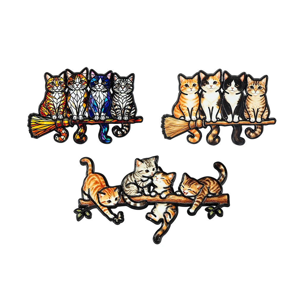 3Pcs Cute Cat Enamel Brooch Set Cartoon Kitten on Broomstick & Branch Pins Alloy Animal Badges for Clothing And Backpack Decor