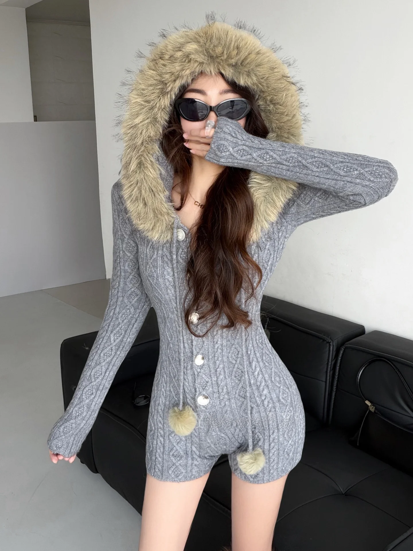 

High Waist Suit with Hat Knitted Faux Fur Collar Women's Slimming ort Pants Faionable Pure Desire Knitted Jumpsuit