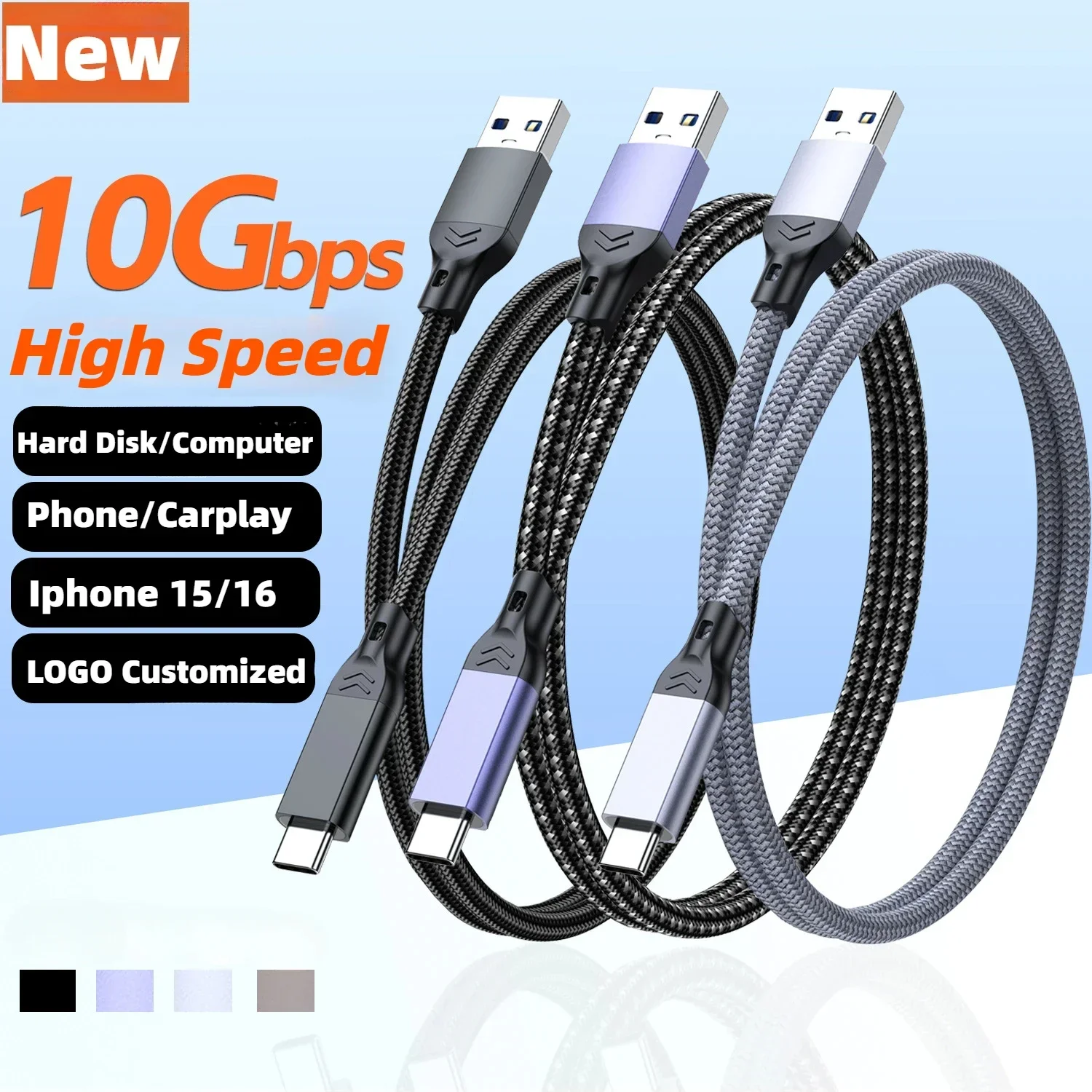 USB 3.2 to Type-C Data Transfer Braided Cable 10Gbps SSD Hard Drive Carplay 3A 60W PD for USB Laptop Phones 0.2m/0.5m/1m/1.5m/2m