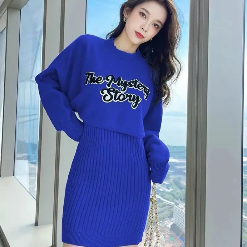 Sweater Matching Sets Spring Autumn Fashion Letter Knit O-Neck Tops Mini Sexy V-Neck Sleeveless Dress 2 Piece Suits 2023 Outfits