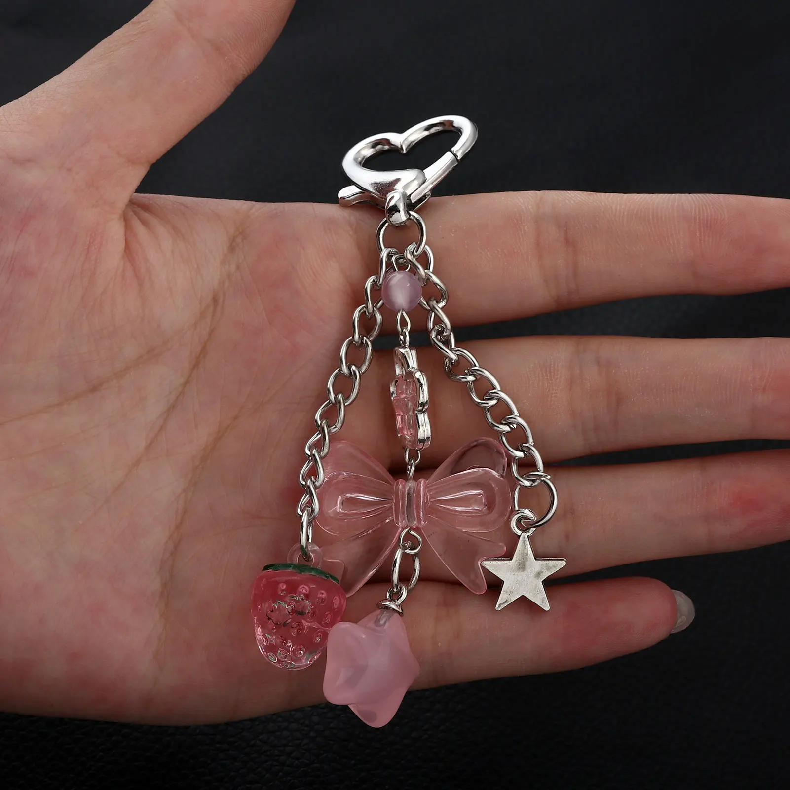 Y2k موضة زهرة ستار الحب القوس الفراولة قلادة سلسلة مفاتيح مصنوعة من الأكريليك طالب المرأة حقيبة الظهر السراويل سلسلة