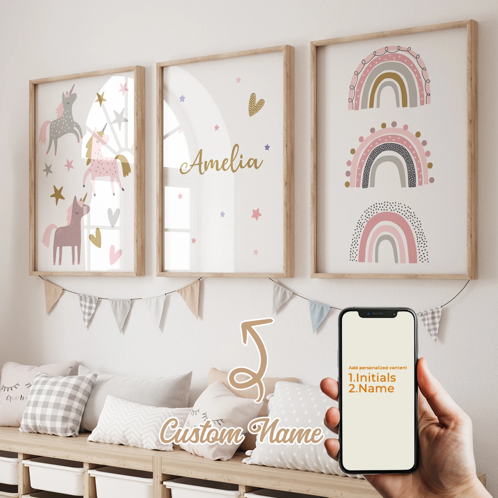 3 Stück personalisierte benutzerdefinierte Cartoon-Einhorn-Wandkunstdrucke, Leinwandposter, Gemälde für Wohnzimmer, Heimdekoration
