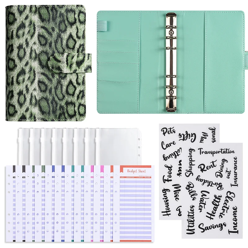 مجلد مخطط ميزانية المال بطباعة الفهد مقاس A6 مع مظاريف بسحاب، مظاريف نقدية لوضع الميزانية، منظم أموال بطبعة الفهد #5