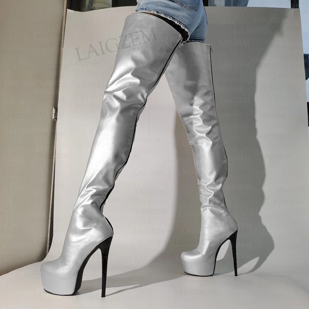 

LAIGZEM Women Thigh High Boots Metallic Colors Platform Full Zipper Thin High Heels Boots Ladies Shoes Woman Plus Size 41 47 52