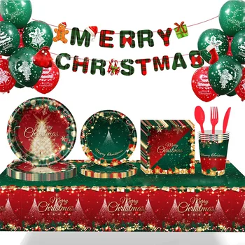 Navidad 크리스마스 테마 파티 일회용 식기, 크리스마스 트리 종이 접시 컵, 메리 크리스마스, 해피 뉴 이어 2025, 8 인용