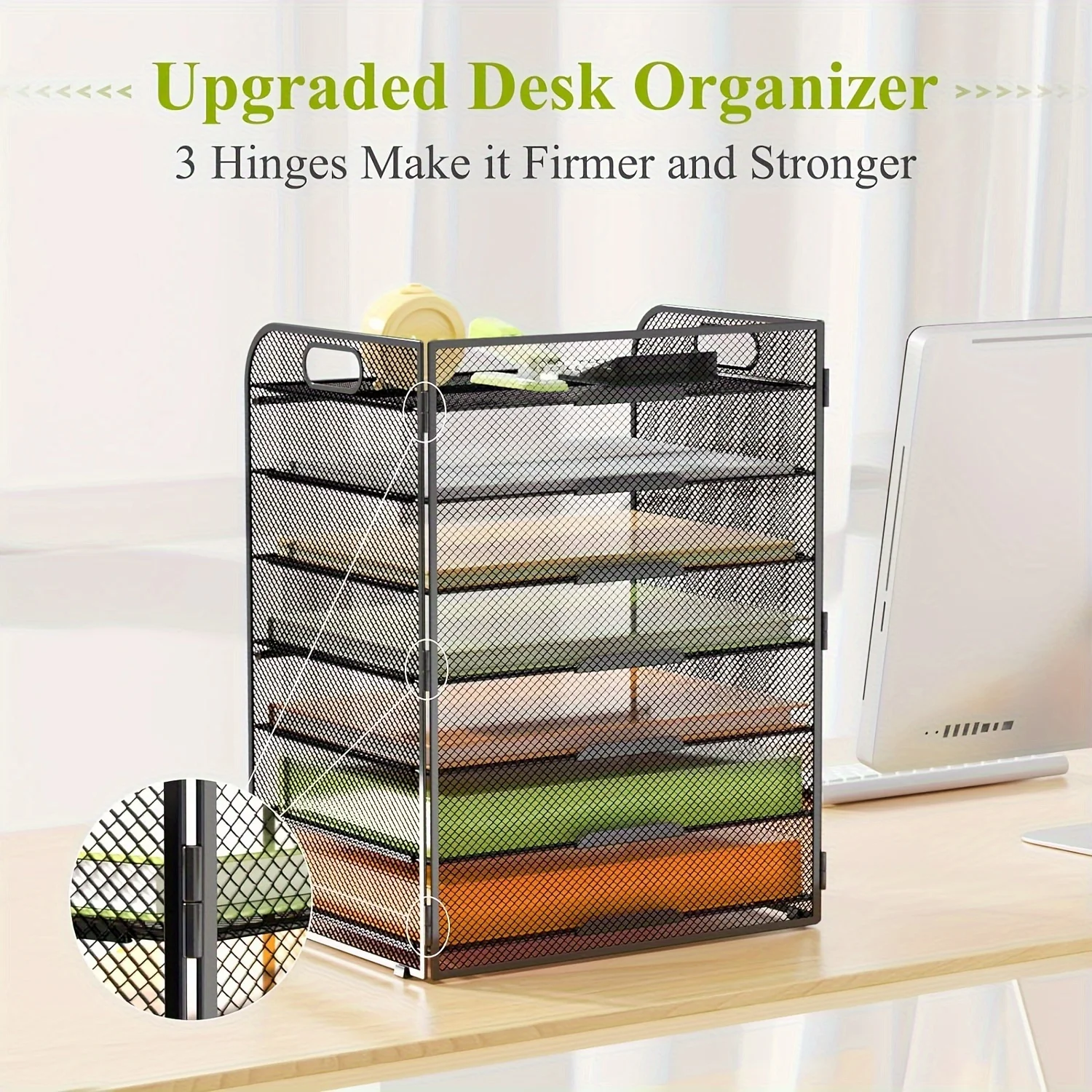 Stainless Steel Desk Organizer with 7 Mesh Letter Trays - Vertical File Organizer with Handle - Office Document Sorter