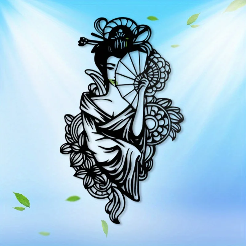 CIFBUY Japanese Geisha Metal Wall Art, 2D Flat Iron Hanging Sculpture, Rustproof Rustic Oriental Indoor‑Outdoor Home Fence