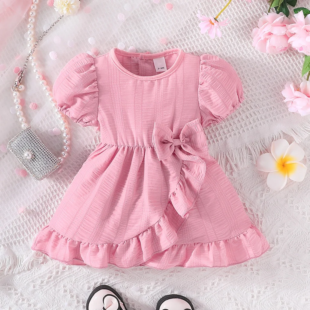 Newborn Baby Girl Dress 3-36 Months Summer Short Puff Sleeve Toddler Kids Girl Cute Pink Princess Dresses