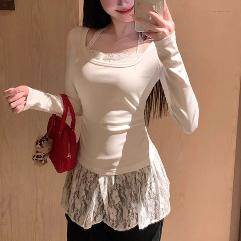 여성용 가을 겨울용 화이트 페이크 투피스 레이스 패치워크 긴팔 티셔츠 스위트 베이스 탑 한국 스타일