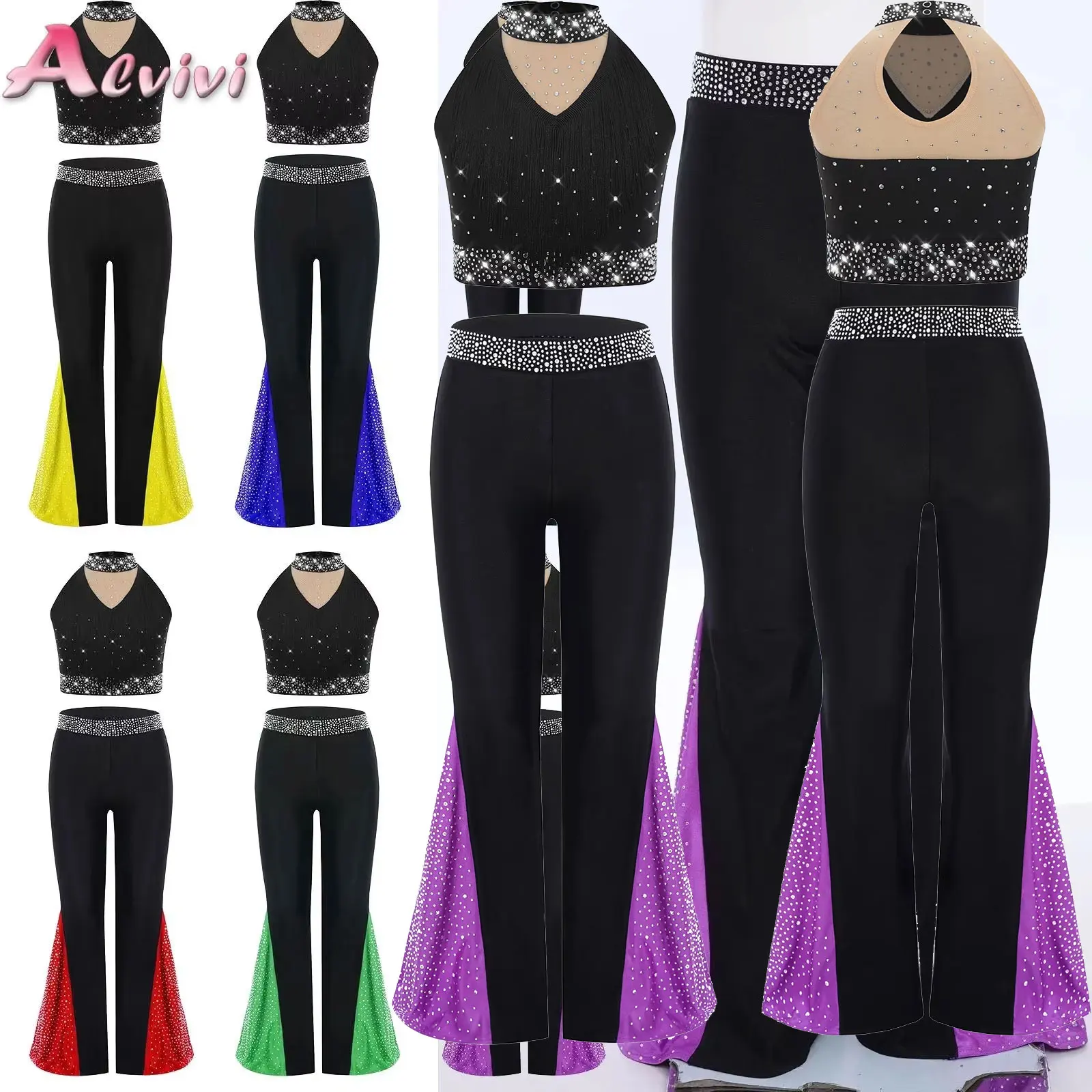 

Kids Girls Gymnastics Jersey Figure Ice Skating Dance Costume Sleeveless Crop Top with Bell-Bottomed Pants Stage Dancewear Set