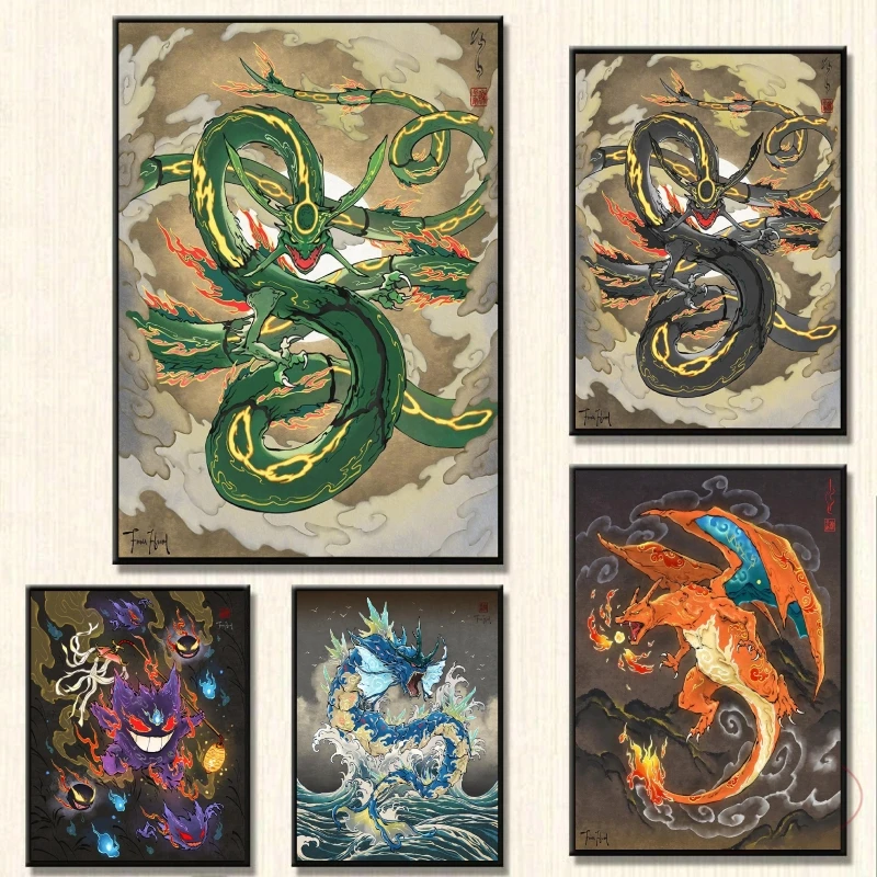 

Canvas Art Painting Pokemon Rayquaza Charizard Gengar Gyarados Modern Living Room Poster Wall Sticker Cartoon Character Picture