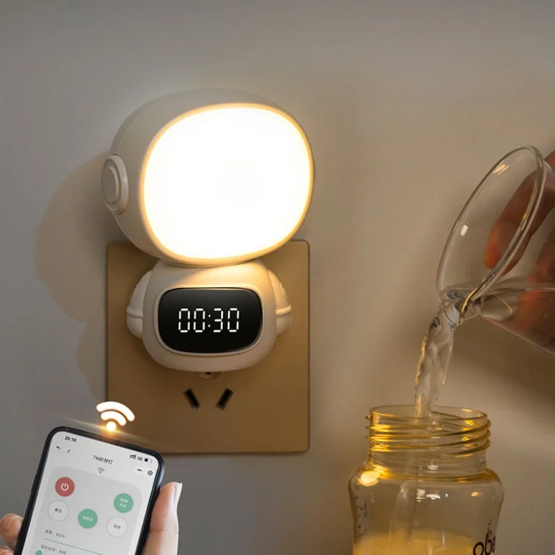 Moderna semplice LED in linea astronauta luce notturna plug-in dormire con lampada patter rotazione continua di regolazione girare la luce dell'orologio