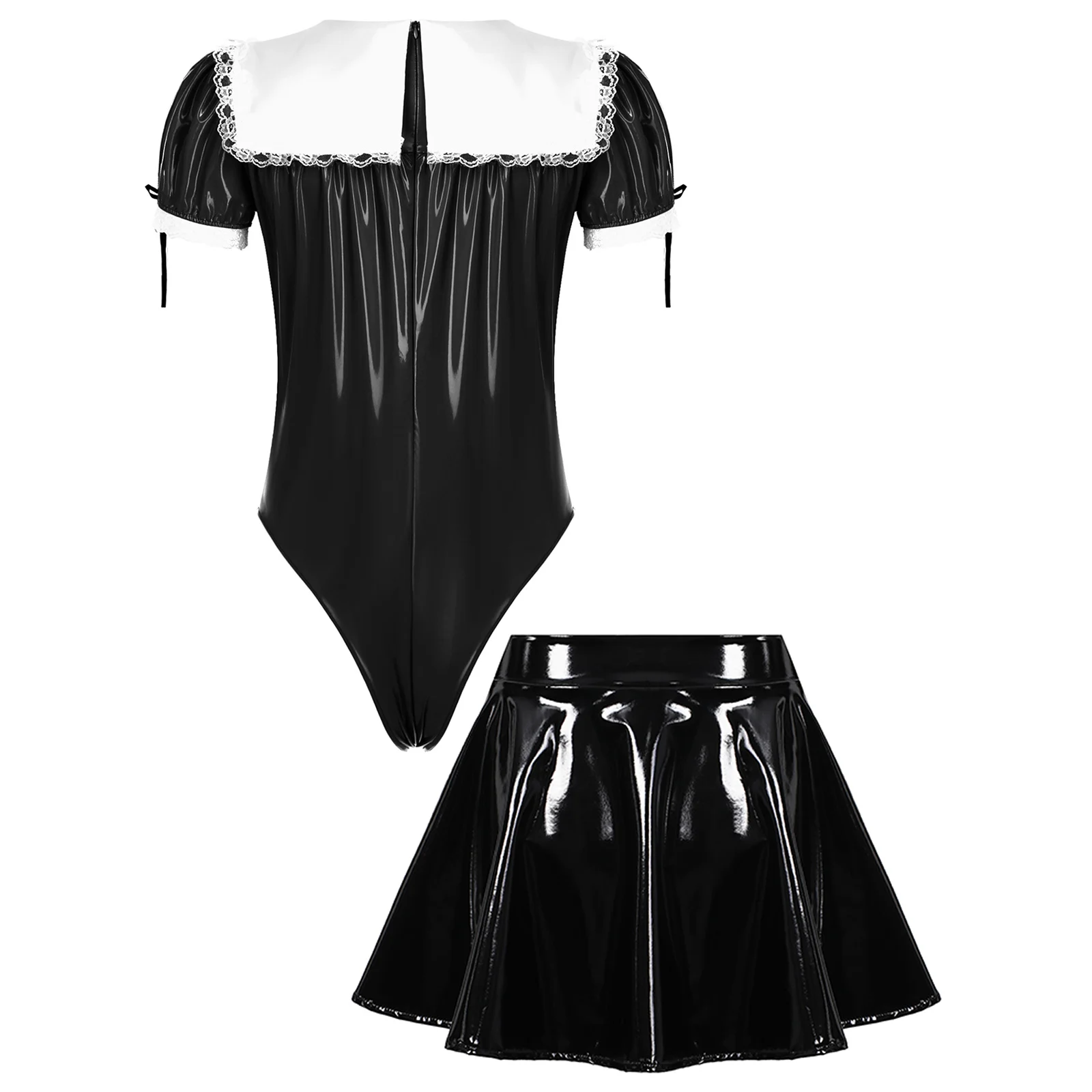 Mens Lingerie Sissy Maid Costume Cosplay Clubwear Patent Leather Puff Sleeve Lace Trim Zipper Bodysuit with A-Line Flared Skirt