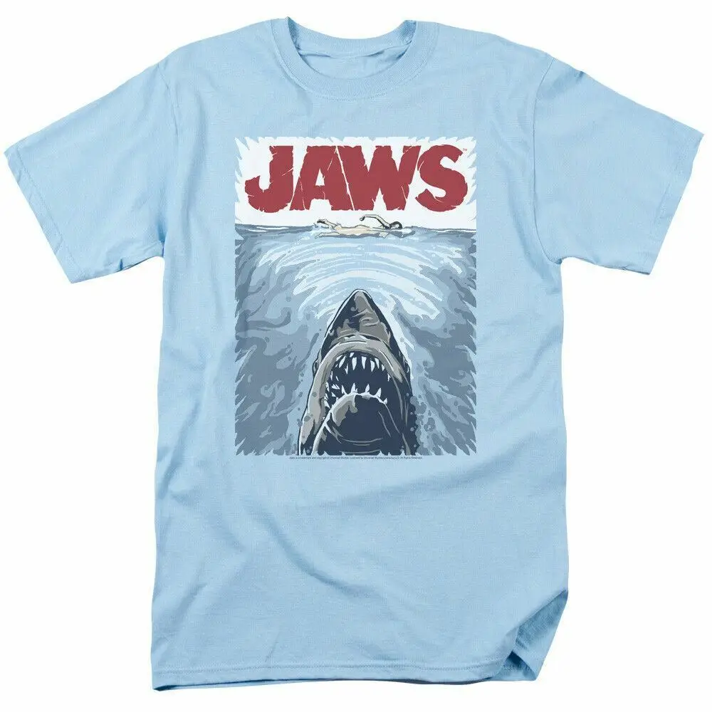 Jaws Graphic Poster T Shirt Licensed Shark Movie Retro Tee Classic Light Blue