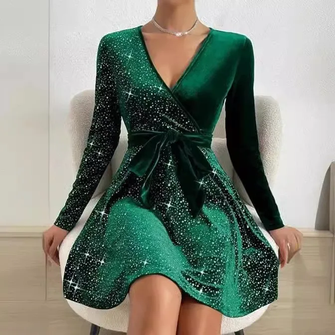 Women Elegant A Line V Neck Long Sleeve Midi Sequin Solid Color Mid Waist Dress for Wedding Guest Party Prom Wedding Party