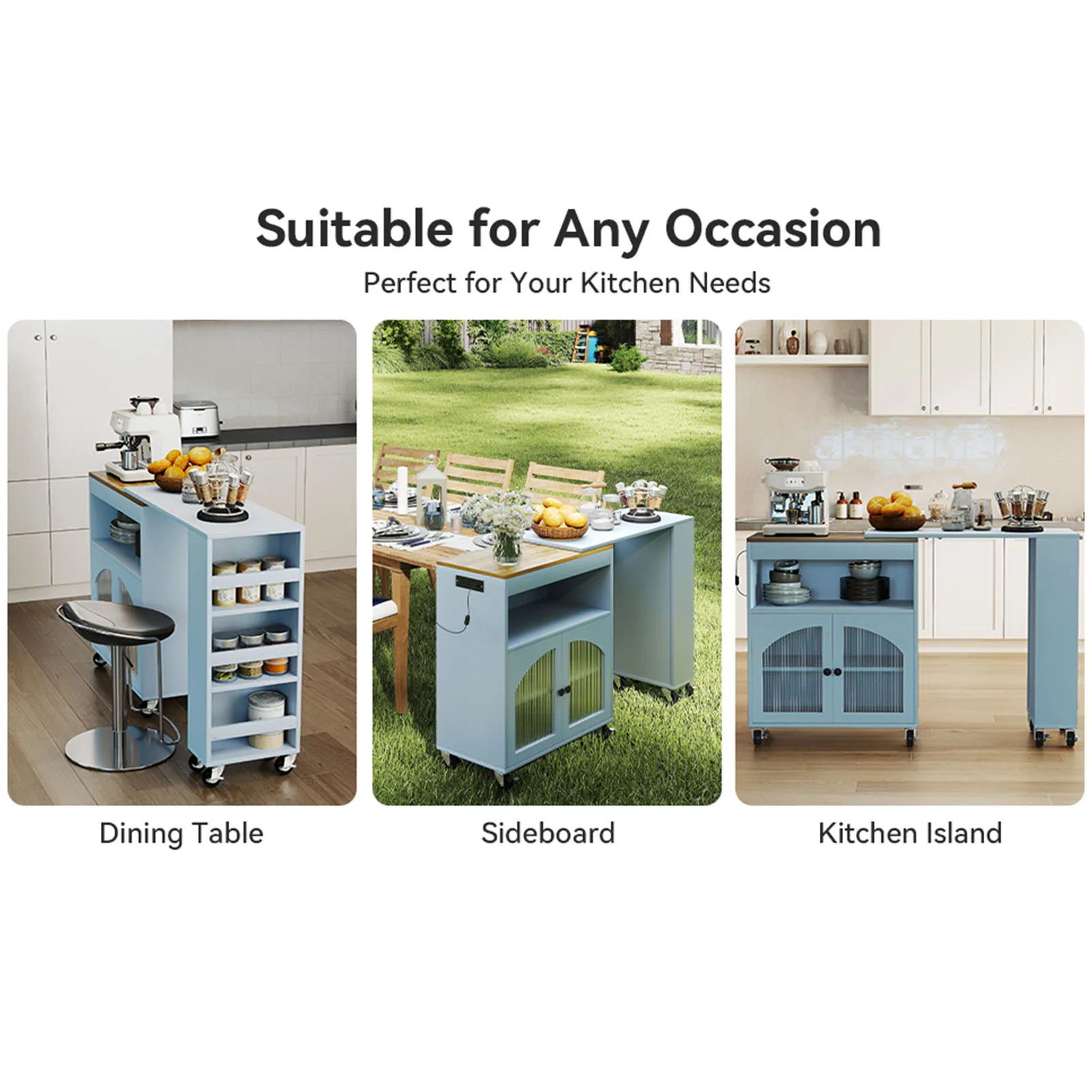 جزيرة المطبخ المتداول مع مساحة تخزين على عجلات مع منافذ طاقة بإضاءة LED، طاولة ممتدة MDF، عربة تخزين المطبخ الدوارة #4