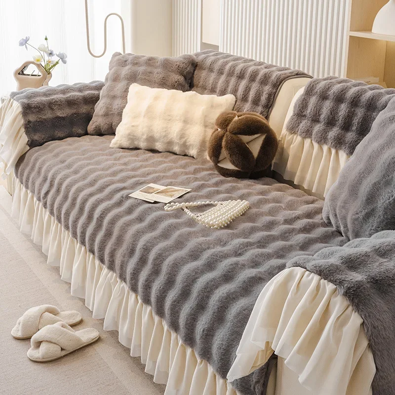 Solid Soft Rabbit Plush Skirt Sofa Cushion High Quality Easy-Care Autumn and Winter Couch Covers Skin-Friendly Warm Sofa Pad