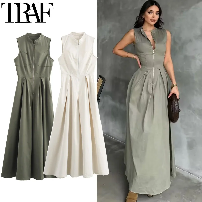 TRAF Damska sukienka bez rękawów Maxi Dress Women Pleated Zipper Party Dresses Fashion Slim Long Dresses Vacation Casual Dress Woman