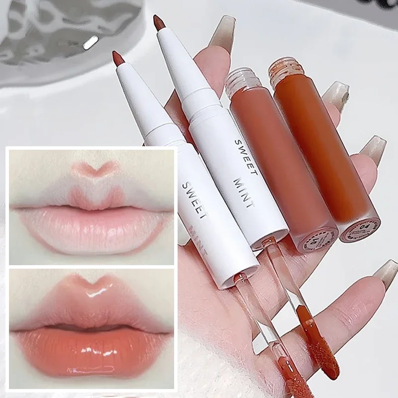 Lip Gloss Lip Liner 2 in 1 Double Ended Mirror Moisturising Liquid Lipstick Long Lasting Matte Smooth Lipliner Contouring Makeup