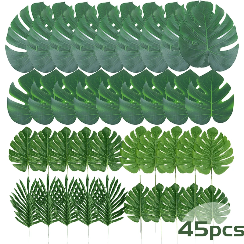 45pcs Artificial Palm Leaves Green Tropical Fake Leaves for Hawaiian Luau Party Baby Shower Wedding Birthday Decorations