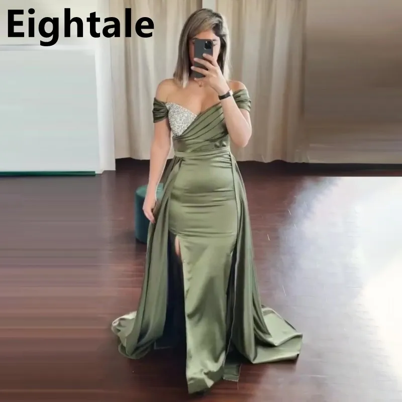 

Eightale Sage Green Evening Dress for Wedding Party Satin Off the Shoulder Beaded Elegant Mermaid Prom Gowns Celebrity Gown