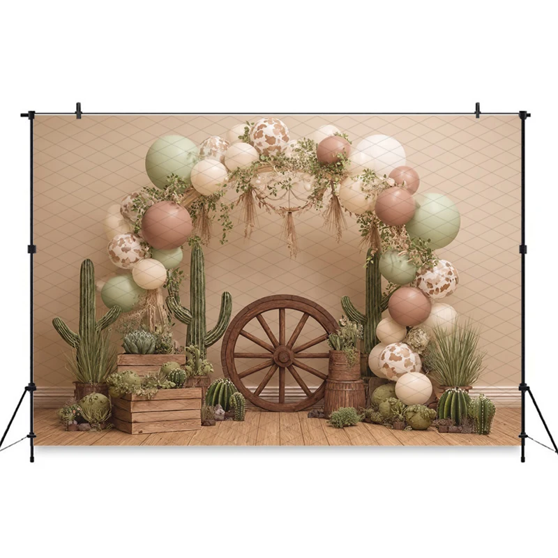 Mocsicka Boho Cactus Balloon Arch Photography Backdrop Western Desert Theme Wagon Wheel Baby Shower Birthday Studio Photo Shoots