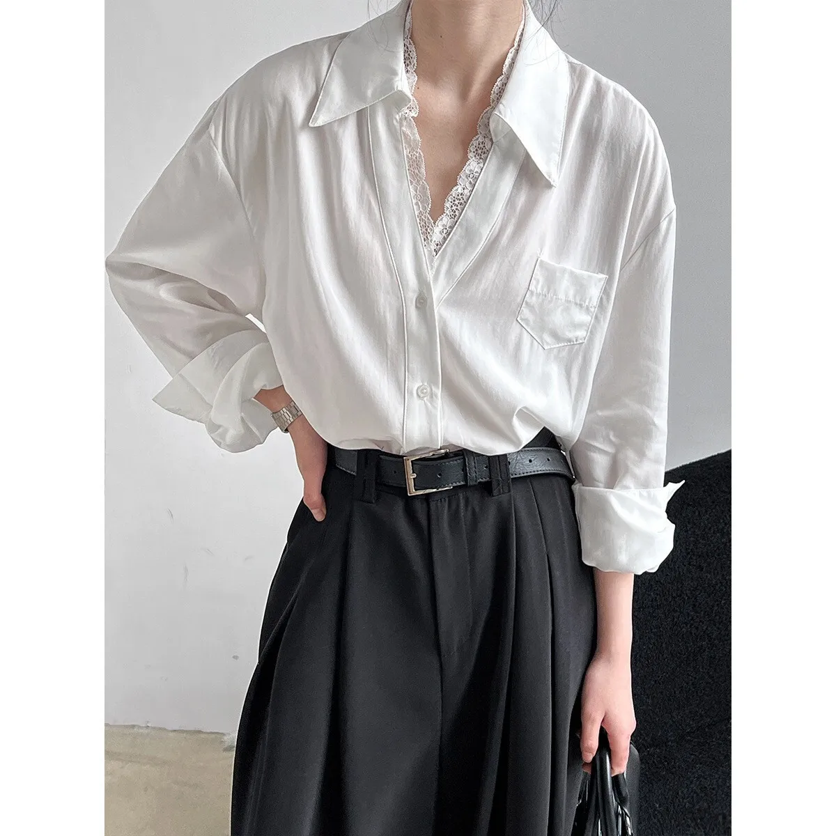 BJTZ ラペルレーススプライシングシャツ & ブラウス女性のための 2025 春夏新気質カジュアル女性シャツトップ