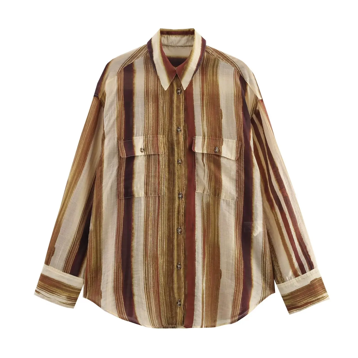 

TRAF& Women 2025 Spring New Fashion Tongle Style Striped Loose Shirt Unique Pocket Joker Lapel Long Sleeve Blouses Mujer