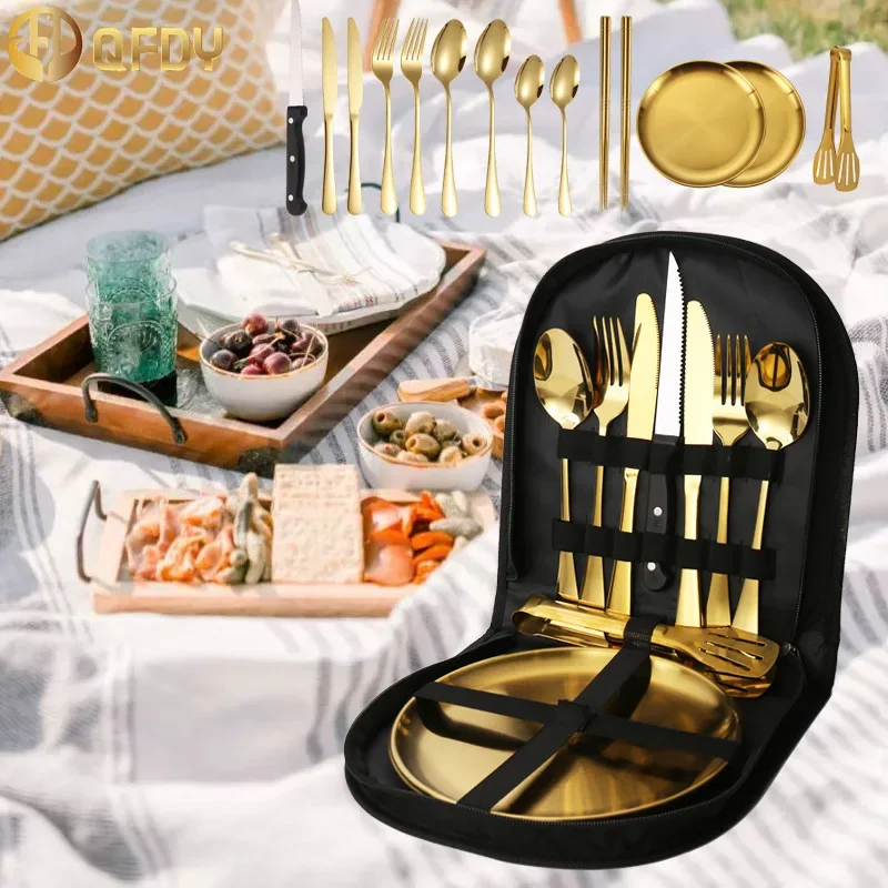 

Outdoor tableware stainless steel camping barbecue steak knife, fork, spoon, chopsticks portable set bag camping tableware