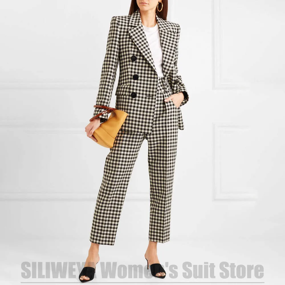 

Women's Black White Gingham Two Piece Suit Set Double Breasted Blazer and Pants Formal Business Outfit for Office Casual Wear